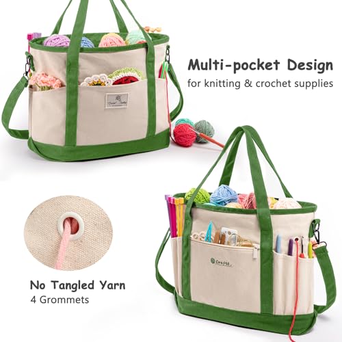 Image of MYBAGZING Canvas Yarn Storage Organizer Bag Washable Crochet Bag with Pockets for Yarn, Hooks, Needles - Travel Knitting Tote for Crafters - Gift for Crocheters & Knitters (Medium /Large)