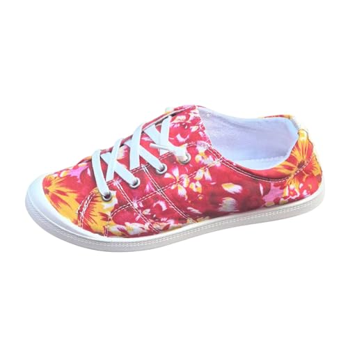 Botines Planos para Sin Tacón Zapatos de Lona Casual de Moda para Mujeres de Europa y América, Zapatos casuales con estampado de Flores Rojas y Teñido por Ampliar Zapato, rojo, 40 EU