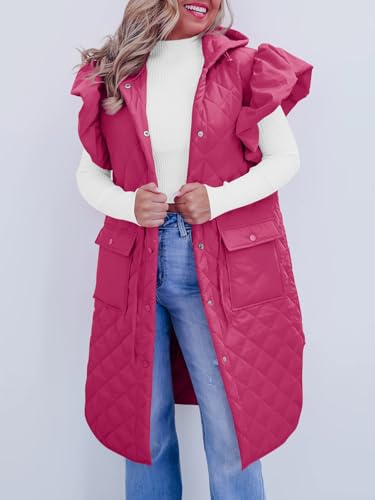 Tankaneo Womens Long Puffer Vests Fashion Ruffle Sleeve Quilted Gilet Coats Winter Hooded Down Jacket Vest2