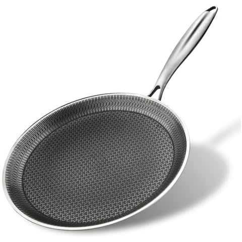 DCIGNA Nonstick Crepe Pan, 11Inch Stainless Steel Crepe Pan, Honeycomb Coating Flat Skillet Tawa Dosa Tortilla Omelet Griddle Pan, PFOA Free, Induction Compatible Cover