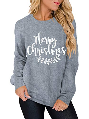 ANTSZONE Merry Christmas Holiday Shirts for Women - Casual Long Sleeve Crewneck Pullover Sweatshirt Tops (1# Heather Grey, M) 280-SD010-huise-M