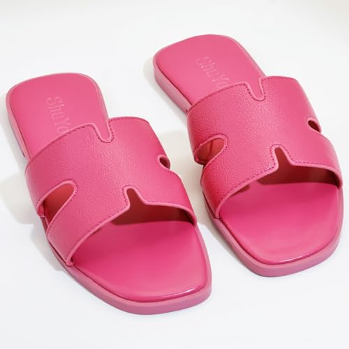 Image of Women's Flat Sandals, Ladies Leather Slippers, Comfy Dressy Slip on Shoes Elegant Slides Summer Fall Spring Cute Open Toe Casual Footwear