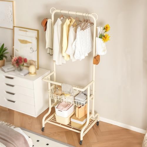 BYJSJY Burro Ropa,Perchero de pie con ruedas,Percheros Burro de Metal con Estante y Ganchos,Estantería Multiusos,Organizador De Ropa,para Entrada o Dormitorio(White,40cm(15.7in))