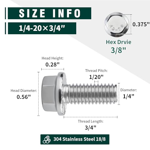 Image of 1 /4-20 x 3 /4 inch Flanged Hex Head Bolts Screws, 304 Stainless Steel 18-8, Full Thread, Coarse Thread, 20 PCS