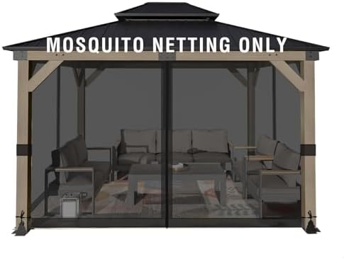 Aoodor Universal 10x12 ft Gazebo Mosquito Netting, Replacement 4-Panel Sidewalls with Double Zippers for Patio, Backyard, Deck, and Lawn (Netting Only, Black)