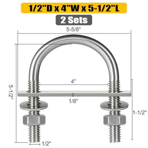 Image of 2 Sets Round U Bolts, u-Bolts 4 Inch Wide, 304 Stainless Steel U Bolt,with Nuts,Bolt Plate and Washers for Boat Trailer Tube(1 /2 inch D x 4 inch W x 5-1 /2 inchL)