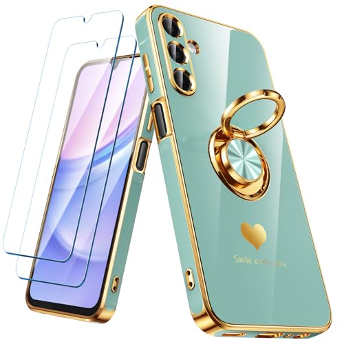 Nonional for Samsung Galaxy A15 5G Case with 2 Pack Screen Protector, 360° Rotatable Ring Holder [Luxury Hearts Pattern] Plating Gold Edge Slim Soft Phone Cover Case for Galaxy A15 - Mint