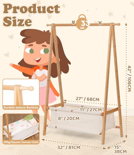 Relquorax Bambus Kinder Kleiderständer mit Aufbewahrungstasche und Kleiderstange, Dress-up-Ständer, kleiner Garderobenständer, für Kostüme im Kinderzimmer (Naturfarbe)