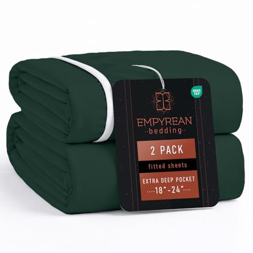 Empyrean 2 Pack Forest Green Extra Deep Pocket King Fitted Sheet Only, Hotel Luxury King Size Fitted Sheets Easily Fit 18 to 24 Inch Mattress, Super Soft, Wrinkle-free Bottom Sheets with Corner Straps