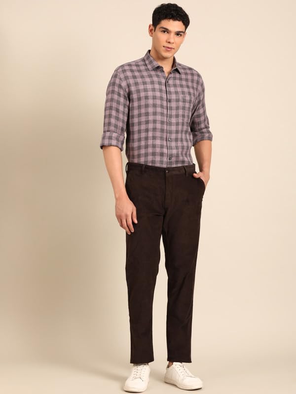 Image of Linen Club Men's Pure Linen Checked Contemporary Fit Full Sleeve Casual Shirt