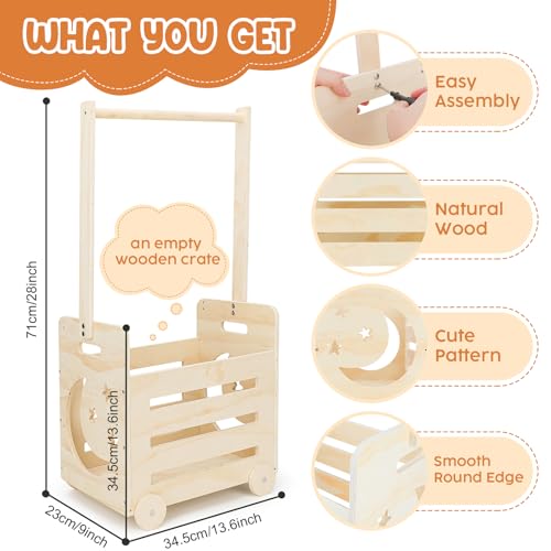 Image of Wooden Baby Shower Crate Closet With Cute Wheels, Movable Gift Basket With Raised Handle, Personalized Storage Hamper for Boys Girls New Born, Patent Pending