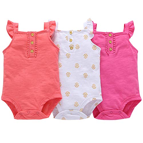 amropi Baby Girls 3-Pack Sleeveless Bodysuit Cotton Rompers Jumpsuit Outfits 18-24 Months, Orange/White/Pink