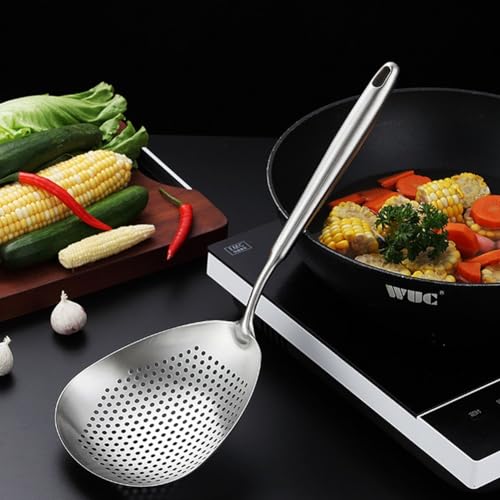 Cucchiaio per skimmer in acciaio inossidabile, cucchiaio scanalato per schiumarola, filtro per olio a ragno con manico cavo esteso 41 x 14,8 cm