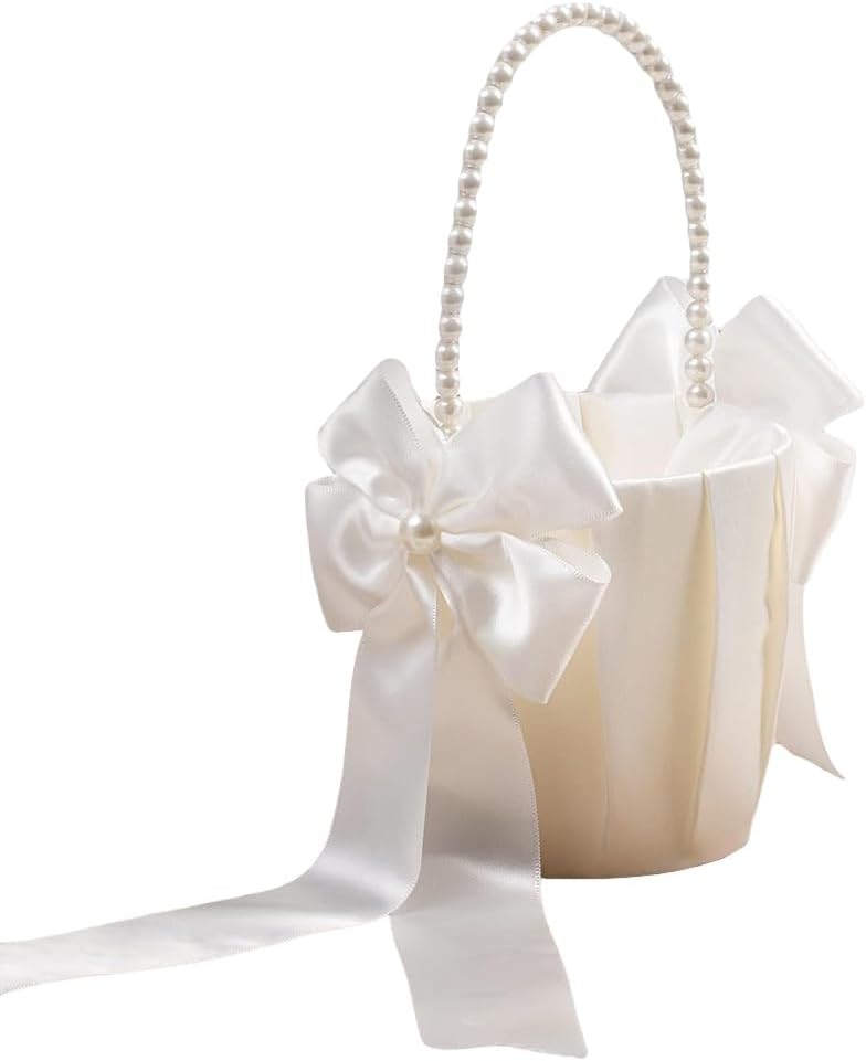 Wedding Flower Girl Basket with Pearl Handle,Satin Flower Storage Basket for Wedding Home Garden Decor (5837, 2)