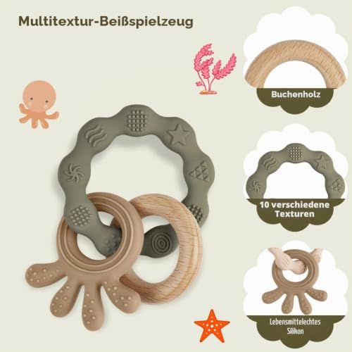 Vicloon Beißring für Babys, Beißring Spielzeug aus Silikon und Holzringe, Baby Zahnungshilfe BPA-frei… – Ansicht 3