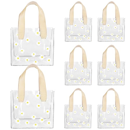 Whaline 10 Pcs Clear Holographic Small Gift Bags 7.9 x 7.9 x 4 Inch Iridescent Reusable Tote PVC Handbags Waterproof Gift Wrap Shopping Bags for Holiday Wedding Birthday Baby Shower Party Supplies