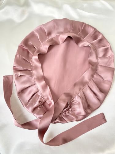 Image of Atrube Satin Silk Hair Bonnet Cap with 3 Premium Scrunchies| Sleep Cap with Adjustable Tie Band for Curly Hair with Massager| Hair wrap Pink