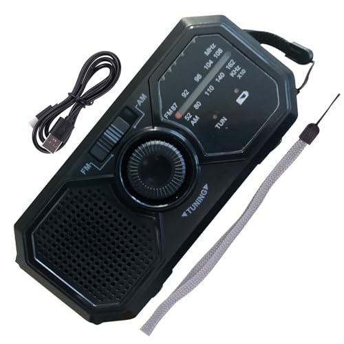 Dzqad Radios De Manivela Banco De Energía, Radio De Manivela De Energía Solar, Radio De Cuerda, Linterna LED De Radios FM De Carga Móvil, Negro