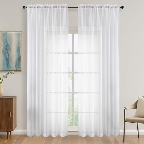 Image of OVZME White Bedroom Curtains 2 Panel Sets 90 Inch Length, 59 Inch Extra Wide Light Filtering Light Weight Soft Window Treatment Panels for Study Room Living Room Guest Room, 59Wx90L Inches