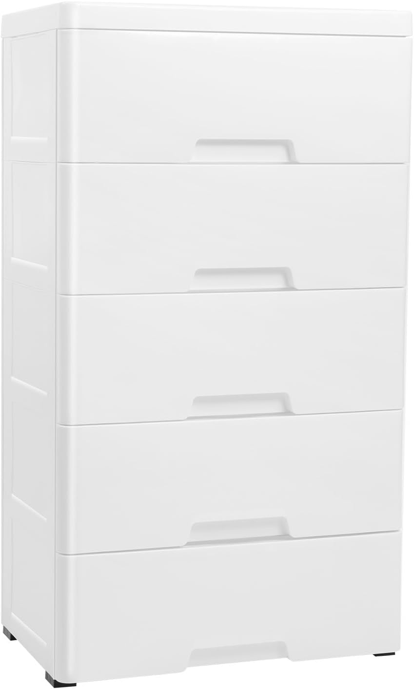 5 Drawer Dresser for Bedroom, 5 Tier Storage Closet Tall Dresser Organizer with Wheels, Plastic Drawers Dresser Storage Cabinet Tower for Living Room, Bedroom (White)