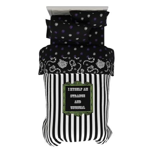 Image of Franco Collectibles Beetlejuice Halloween Striped Bedding 4 Piece Super Soft Comforter and Sheet Set, Twin, (Officially Licensed Product)