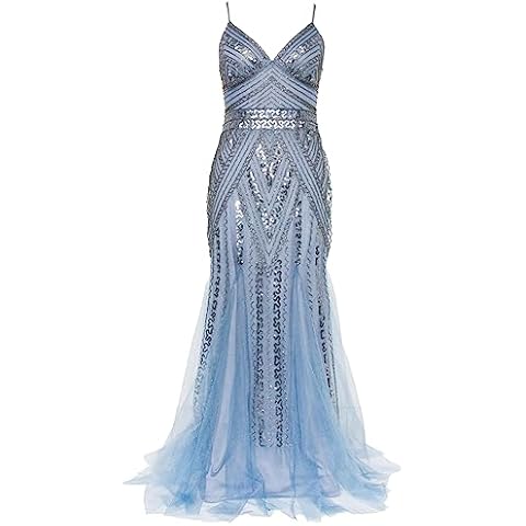 FAIRY COUPLE Women's Spaghetti Straps Double V-Neck Mermaid Sequin Formal Evening Gown Dresses Sky Blue S Cover