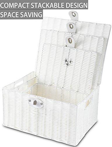 Honygebia White Wicker Storage Baskets - Set Of 3 Decorative Nesting Boxes With Lids, Woven Basket With Lock & Handle, Organizer For Beauty Makeup Bathroom Decor #TOP6