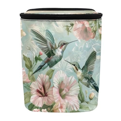 Image of Flower Hummingbird Pattern Automotive Garbage Can Bin with Lid,Washable Car Trash Can for Travel,Cars,Universal Fit Hippie Car Accessory Interior Set