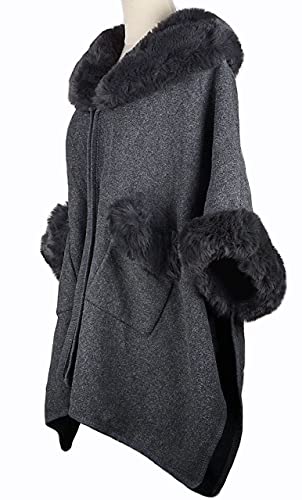 Image of Women Poncho with Pocket Warm Cashmere Cardigan Cape with Rabbit Fur