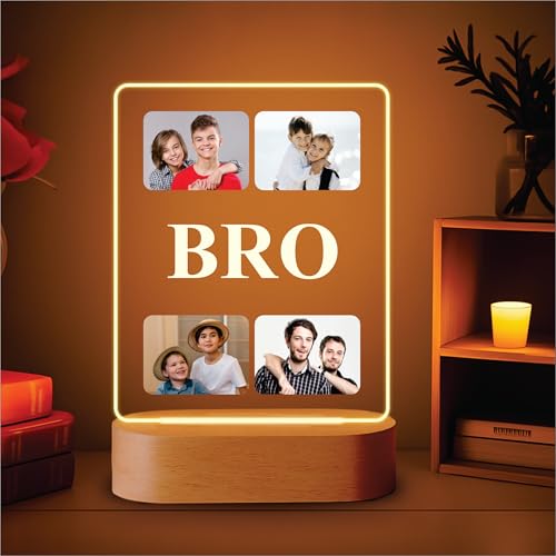Image of Giftplease Personalized Brother Photo Night Light - Custom Acrylic LED Lamp with Picture Collages, Engraved BRO Wooden Base | Unique Birthday, Rakhi, Graduation Gift for Brother, Brother-in-Law