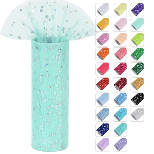 RIBBOOO Mint Green Glitter Tulle Rolls 6 Inch by 10 Yards Sequin Tulle Fabric Ribbon for DIY Tutu Skirt Sewing Bow Decorations Craft Supplies Birthday Wedding Baby Shower Party Decoration