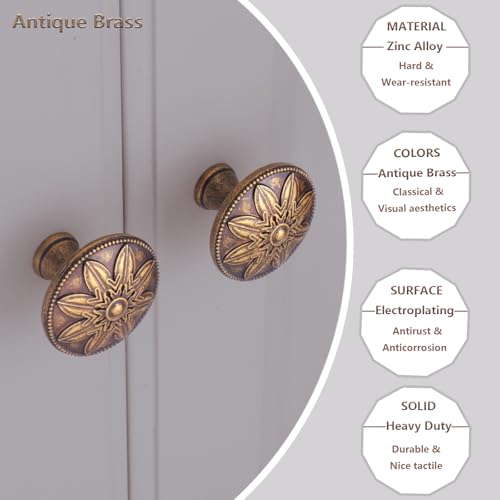 Image of 4 Pack Antique Brass Cabinet Knobs Vintage Dresser Knobs Drawer Knobs,1.4 inch Round Vintage Kitchen Cabinet Knobs Handles for Cabinets and Dresser Drawers Rustic