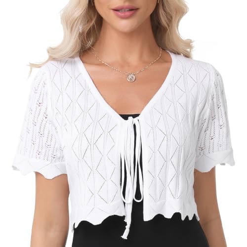 Gyabnw Cárdigan Corto Mujer Boleros para Vestidos de Fiesta Mujer Manga Corta Torera Elegante de Punto con Cuello en V Bolero de Fiesta Boda Cárdigan Cómodo Casual Moda para Verano,Blanco,S