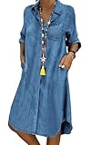 Womens Summer Casual Loose Denim Shirt Dress Long Sleeve Button Down Classic Vintage Jean Dresses (Medium,Light Blue)