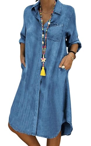 Womens Summer Casual Loose Denim Shirt Dress Long Sleeve Button
