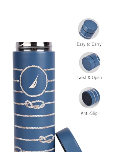 Image of NAUTICA Premium Leak-Proof Insulated Water Bottle - 1pc (Stern)| 500ml | Stainless Steel Flask with 24 Hours Temperature Retention | Ideal for Travel, Gym, Office Use Titanium Printed-Blue /Brown