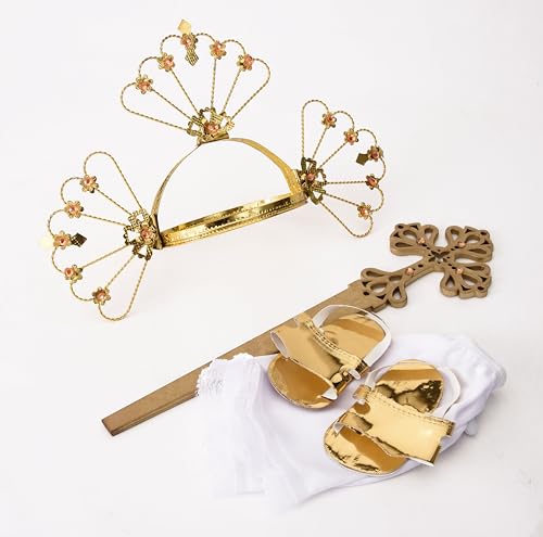 A&C Quinceañeras and More Traditional Religious Outfit with Gold Trim, Mint Green and White Satin Dress, Decorative Cross Staff and Crown, Mexican Niño Dios Ceremonial Robe (25 CM)
