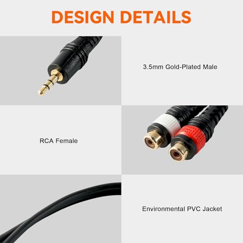pegcabac 3.5mm Male to 2RCA Female Adapter Cable, Stereo Audio Y Splitter Cable, 1/8 Male Plug to Dual RCA Female Jack Cord for MP3,Computer,Speaker,HiFi Stereo System(25cm/10inch)