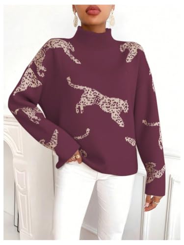 Image of WDIRARA Women's Leopard Tiger Print Sweater High Neck Long Sleeve Fuzzy Knitted Pullover Top