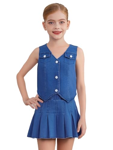 Kids Girls Y2K 2 Piece Denim Outfits Sleeveless Vest Button Front Jean Jacket with Pleated Skirts Summer Clothes Blue 14 Years