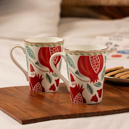 Image of GOLDEN QUEEN'S Mugs Set of 2 for Coffee, Tea, Milk - Ideal for Your Daily Beverage Ritual, Hosting & Casual Gatherings - Pomegranate Foliage (24K Gold on Rim)