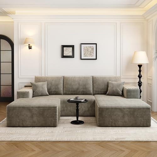 Image of 107.5 inchCloud Modular Sectional Couch with 1 Ottoman,Modern Minimalist Upholstered Couches, Comfort U Shaped Sofa for Living Room,Deep Seat Corner Couch,No Assembly Required (Camel,Right Facing Chaise)