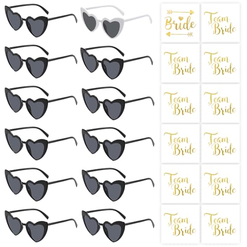 Herz Sonnenbrille Hochzeit Damen, 12 Stück Bride to Be Deko Sonnenbrille Herzform und 12 Team Tattoo Aufkleber, Party Brillen Herz Sonnenbrille Team Bride, Hippie Herzförmige Brille für Wedding Décor