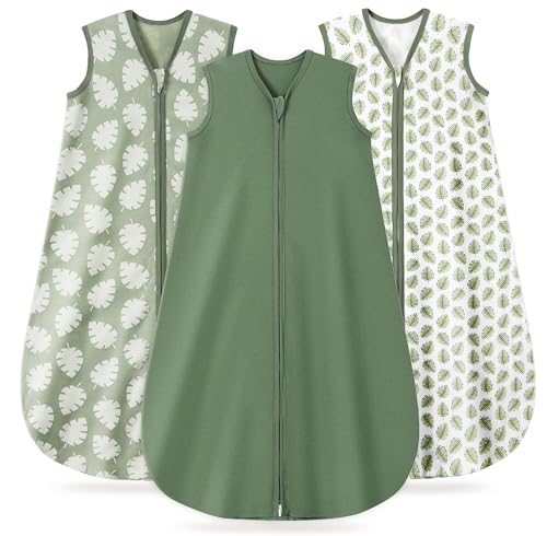 Image of TURMEWU 3 Pack Baby Sleep Sack 6-12 Months 100% Organic Cotton, 0.5 TOG Lightweight Wearable Blanket, 2-Way Zipper Sleeping Bag, Leaf&Green