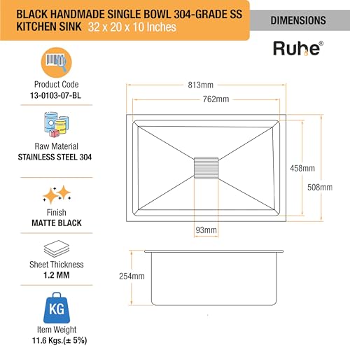 Image of Ruhe Black Handmade Single Bowl Kitchen Sink - 32x20x10 inches | 304-Grade Stainless Steel Sink | PVD Coating Matte Finish | Kitchen Sink Including Coupling, Waste Pipe & Vegetable Washing Basket