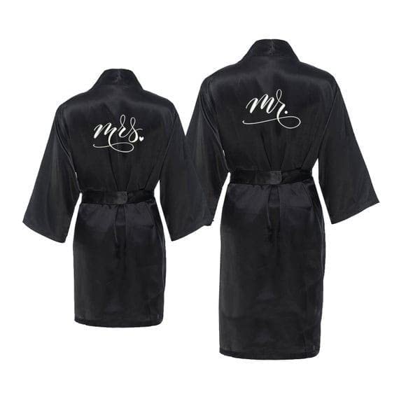 Couple Silky Satin Robe Collection |2 Robes with Customised Mr and Mrs| - Black (Mac0091_Black_Men-P & Women-P)