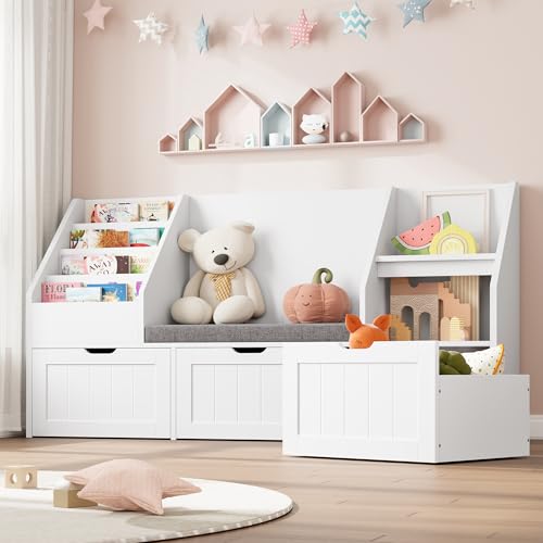 FOTOSOK 55.1’’ Kids Bookshelf with Reading Nook, Toy Storage Orga...