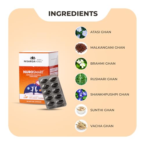 Image of Nisarga Herbs Nurosmart 60 Soft Gel Capsules | 30 Days Supply | Brahmi Brain Booster with Shankhpushpi & Jyotishmati for Teenagers & Adults