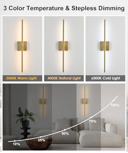Image of 27.5 Inch Gold Battery Operated Wall Sconces Set of 2, LED Dimmable with Romote Control, 3CCT, Rechargeable, 360 Rotate, Wireless Wall Light for Living Room Hallway Bedroom
