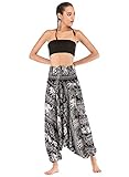OMZIN Womens Elastic Waist 2 in 1 Harem Pants Boho Hippie Jumpsuit Black Elephant